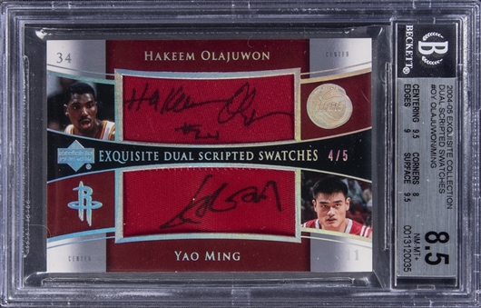 2004-05 UD "Exquisite Collection" Dual Scripted Swatches #OY Hakeem Olajuwon/Yao Ming Dual Signed Patch Card (#4/5) - BGS NM-MT+ 8.5/BGS 9